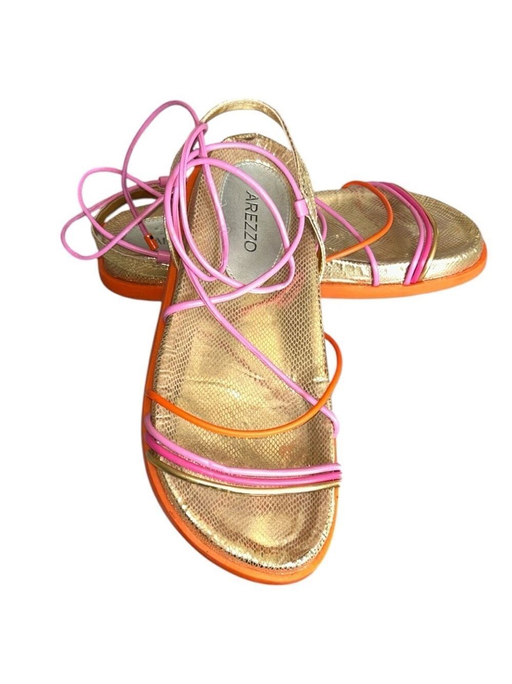 Arezzo Gold Metallic Snake Lace Up Sandals with Orange Straps Size 8 
EU 38